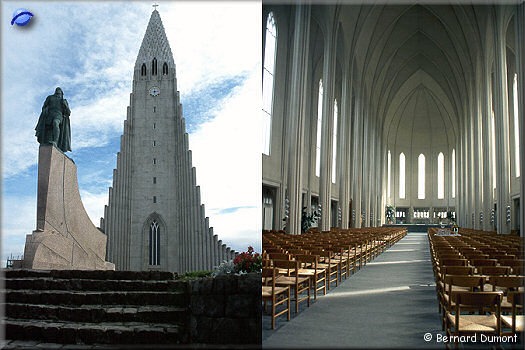Reykjavík, statue of Leif Eriksson (discoverer of the east coast of Canada) and Hallgrímskirkja church